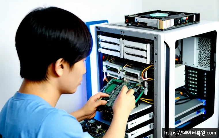 동자동 cpu조립 및 교체수리 - Photorealistic compact PC repair workstation in Dongja-dong, Seoul, technician carefully installing ...