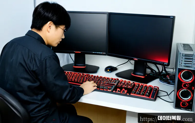 관수동 STATUS_KERNEL_EXECUTION_ERROR - Photorealistic IT support workstation in a compact central Seoul office, dual monitors showing abstr...