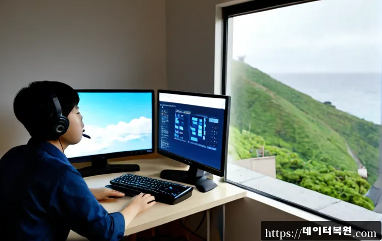 구수동 STATUS_PAGE_FAULT - Photorealistic remote-support workstation in a compact hillside apartment, dual monitors showing a b...