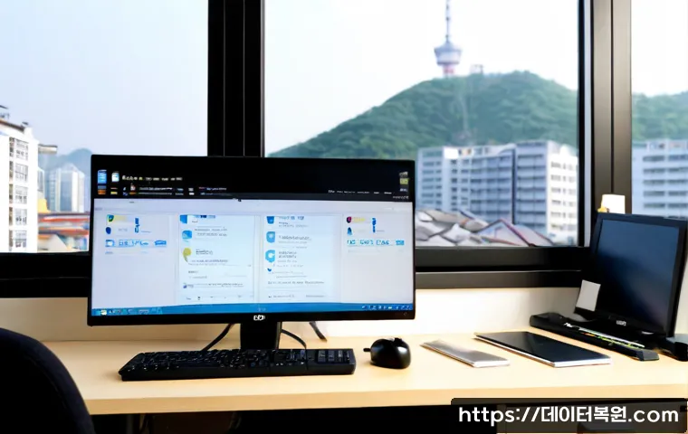 묵정동 STATUS_KERNEL_MODULE_NOT_FOUND - Photorealistic IT support workstation in a compact Mukjeong-dong office, dual monitors showing a cle...