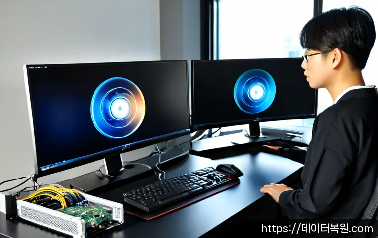 대자동 입력신호가 없습니다 - Photorealistic IT support workstation in a modern Daejeon office, dual monitors with one screen comp...