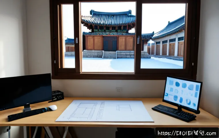 통인동 KERNEL_DATA_INPAGE_ERROR - Photorealistic architectural workstation in a compact Tongin-dong studio, dual monitors showing a fr...