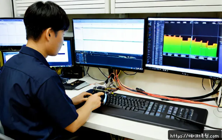 마장동 케이블연결확인 - Photorealistic IT support workstation in a compact Seoul market-office setting, technician checking ...