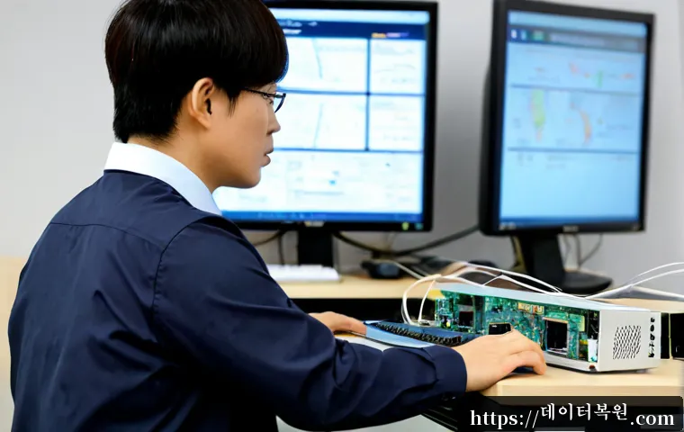공항동 STATUS_KERNEL_NETWORK_ERROR - Photorealistic IT support workstation near a quiet airport-adjacent business district, technician vi...