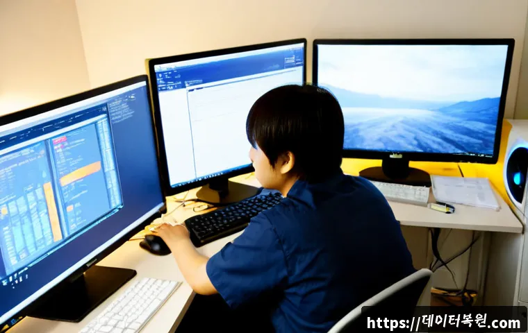양재동 pc복구중 - Photorealistic IT recovery specialist repairing a desktop workstation in a compact Yangjae-dong offi...