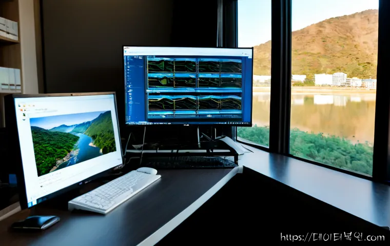 옥수동 DRIVER_PORTION_MUST_BE_NONPAGED - Photorealistic IT support workstation in Oksu-dong, dual monitors showing a clean abstract system cr...