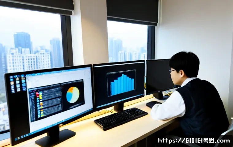 신대방 STATUS_INVALID_DISPOSITION - Photorealistic IT support workstation in a compact Sindebang office, technician studying a dual-moni...