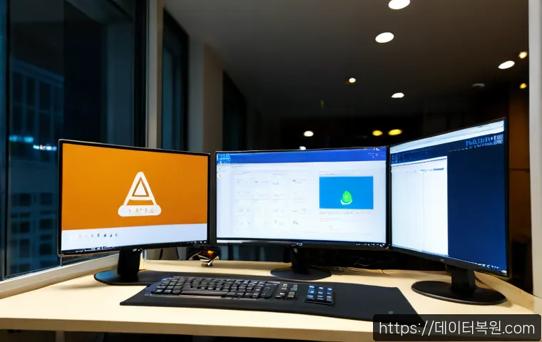 당산동 STATUS_FILE_IN_USE - Photorealistic remote-support workstation in a compact Dangsan-dong office, dual monitors showing a ...
