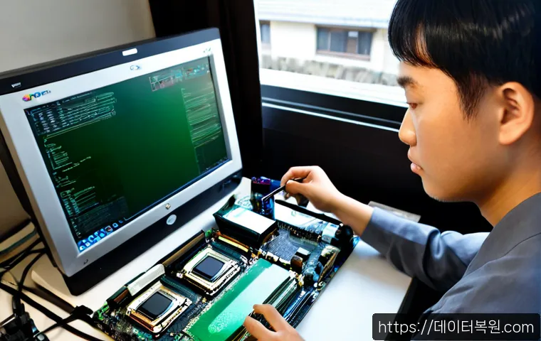 광남동 cpu조립 및 교체수리 - Photorealistic computer repair workstation in Gwangnam-dong, technician carefully installing a new C...