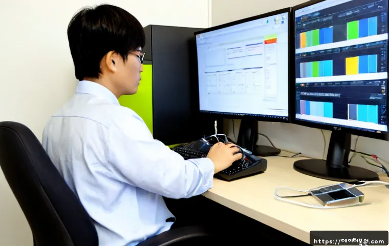 청암동 STATUS_KERNEL_PERMISSION_DENIED - Photorealistic IT support workstation in a compact riverside Seoul office, dual monitors showing a b...