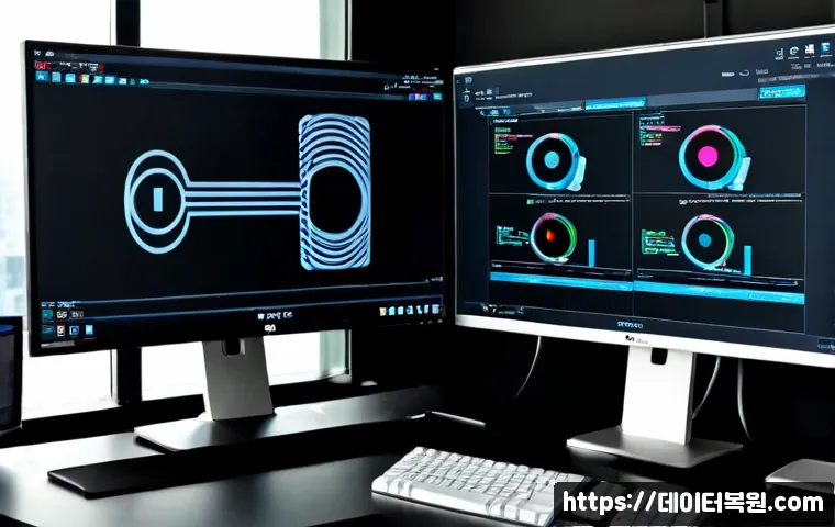 덕은동 STATUS_KERNEL_POWER_FAILURE - Photorealistic IT support workstation in a modern Deogeun-dong office, dual monitors with a blank da...