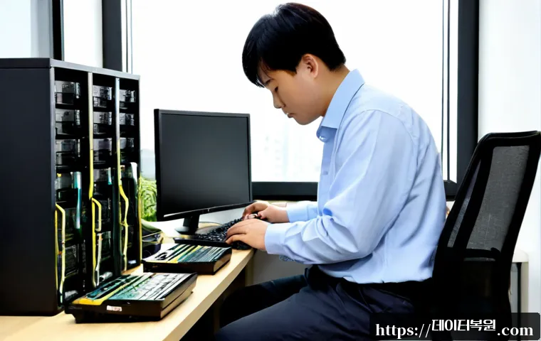 수표동 NAS출장방문수리점 - Photorealistic compact Chupyo-dong office workstation, remote support technician carefully replacing...