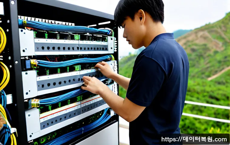 북아현동 네트워크구축 설정 및 세팅오류해결 - Photorealistic IT technician configuring a compact office network rack, neatly arranged router, swit...