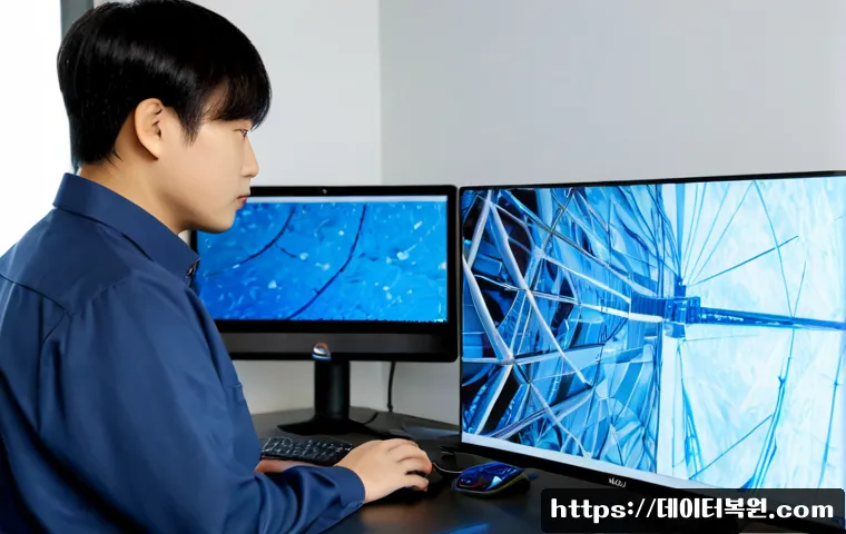 과해동 PAGE_TABLE_CORRUPT - Photorealistic remote-support workstation in a compact Korean apartment office, dual monitors showin...