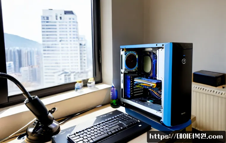 과천동 오버클럭 뚜따 - Photorealistic desktop PC repair workstation in a compact Gwacheon-dong apartment office, technician...