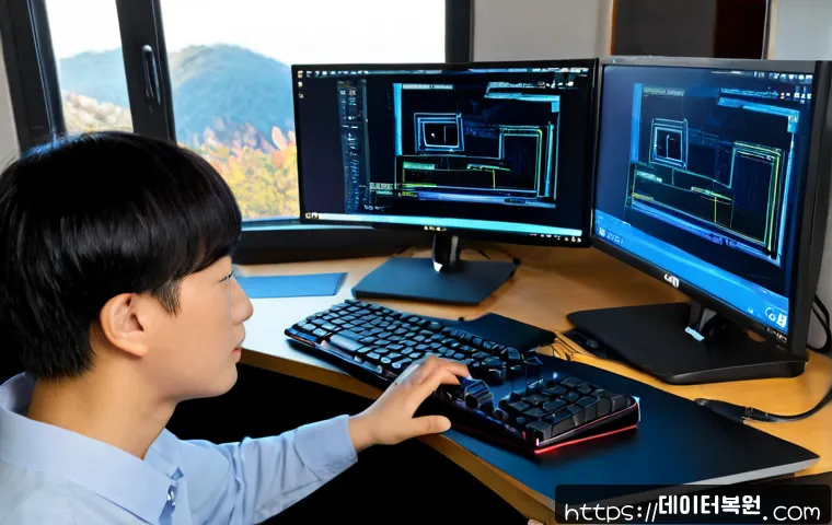 삼양동 STATUS_MEMORY_OVERFLOW - Photorealistic IT support workstation in a compact Samyang-dong apartment, dual monitors showing abs...