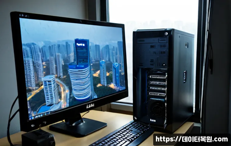일산동구 PAGE_FAULT_IN_NONPAGED_AREA - Photorealistic IT support workstation in Ilsan Dong-gu, dual monitors showing a blank blue crash scr...