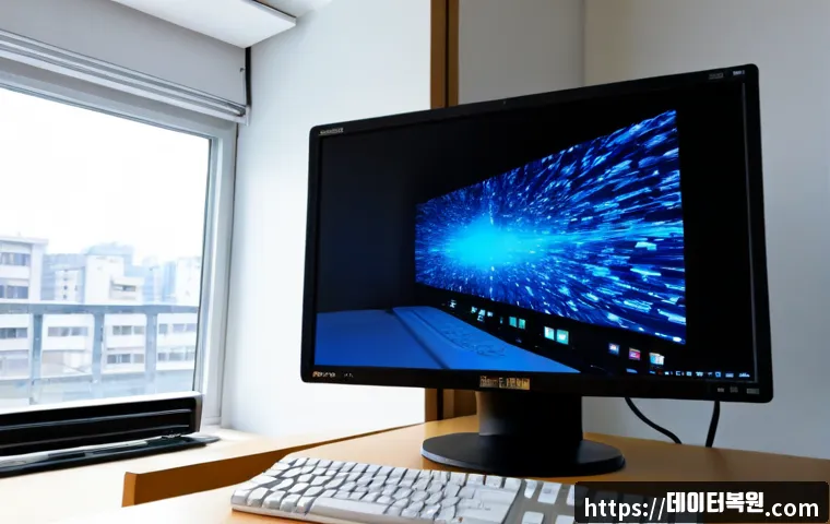 행주동 pc에 문제가 발생하여 다시 시작해야 합니다 - Photorealistic home office workstation in Haengju-dong, a desktop monitor frozen on a plain blue cra...