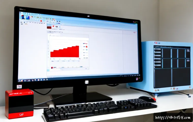 성산동 STATUS_DISK_FULL - Photorealistic remote-support workstation in Seongsan-dong, desktop monitor showing a clean abstract...