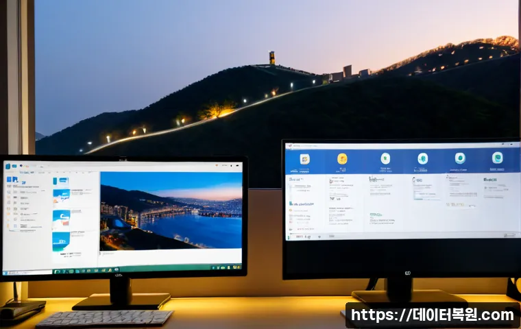 신영동 STATUS_FILE_LOCK_CONFLICT - Photorealistic remote-support workstation in a compact hillside apartment office, dual monitors show...