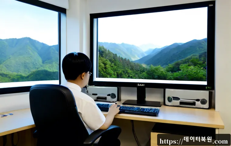 북면 자동복구 - Photorealistic IT support workstation in a quiet North Myeon office, dual monitors showing a clean a...