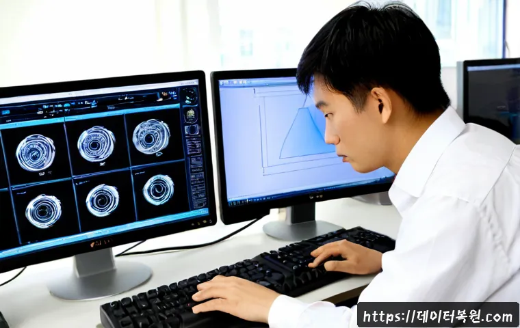 공릉동 STATUS_STACK_UNDERFLOW - Photorealistic IT support workstation in a compact engineering office near a university district, du...