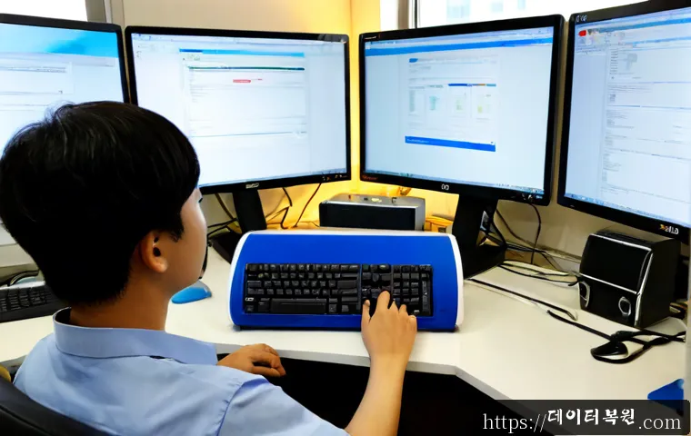염창동 STATUS_KERNEL_MODULE_ACCESS_DENIED - Photorealistic IT support workstation in Yeomchang-dong, Seoul, dual monitors showing abstract permi...