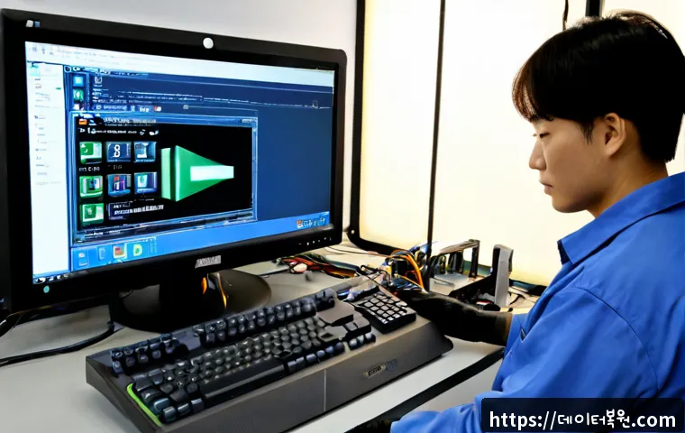 원효로 STATUS_KERNEL_BOOT_DRIVE_ERROR - Photorealistic IT support workstation in a compact Wonhyoro electronics workshop, desktop tower open...