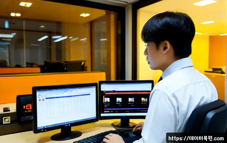 북창동 STATUS_FILE_READ_FAILURE - Photorealistic remote-support workstation in a compact downtown Seoul office, an IT specialist study...