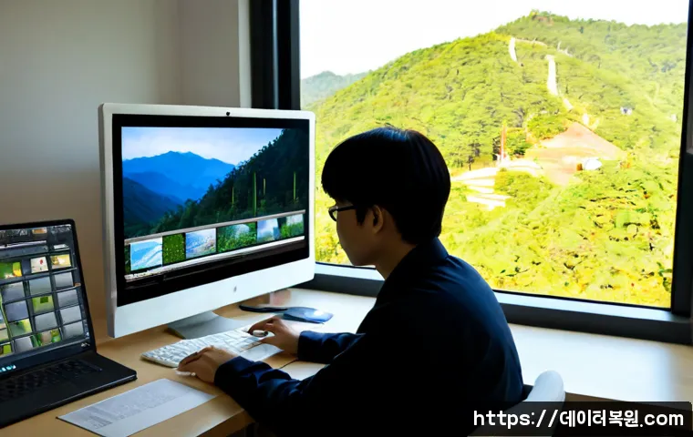 북한동 STATUS_INVALID_IMAGE_FORMAT - Photorealistic IT support workstation in a compact apartment near a forested hillside, dual monitors...