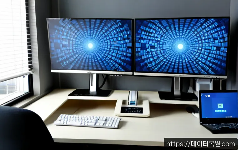 원지동 MACHINE_CHECK_EXCEPTION - Photorealistic IT support workstation in a quiet Wonji-dong office, dual monitors showing a nonverba...