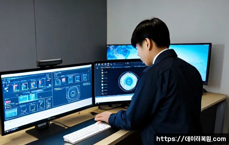 연지동 악성코드 바이러스 - Photorealistic cybersecurity technician in a compact Yeonji-dong office, inspecting a dual-monitor w...