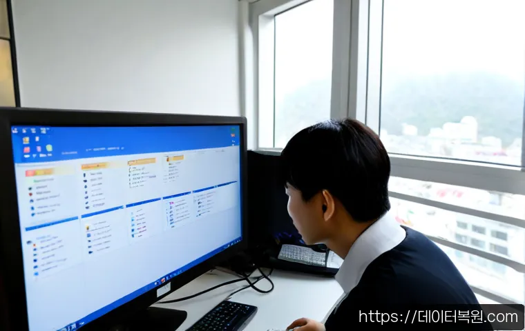 도렴동 STATUS_FILE_READ_FAILURE - Photorealistic remote-support workstation in a compact Doryeom-dong office, IT specialist examining ...