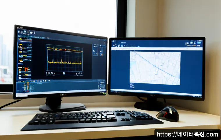 경안동 STATUS_KERNEL_EXECUTION_ERROR - Photorealistic remote-support workstation in a compact Gyeongan-dong office, dual monitors showing a...