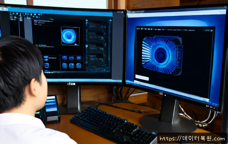 계동 STATUS_KERNEL_DRIVER_CORRUPTION - Photorealistic IT technician diagnosing a desktop workstation with a blue error-themed abstract scre...
