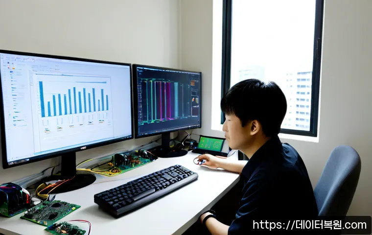 장사동 HARDWARE_MEMORY_FAILURE - Photorealistic computer repair workstation in a compact urban electronics office, open desktop tower...