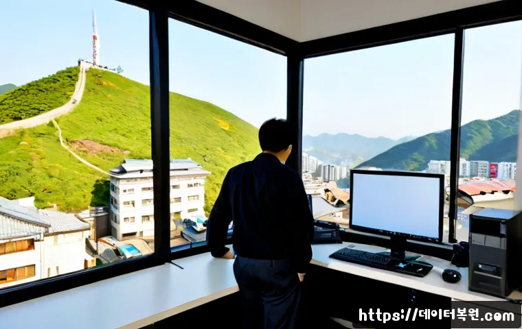 돈암동 부팅안됨 - Photorealistic IT support workstation in a compact hillside neighborhood office, desktop tower with ...