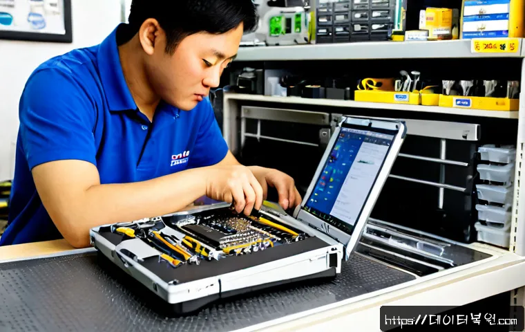 염리동 맥북프로 판매 및 수리 - Photorealistic electronics repair workstation in a compact Yeomni-dong neighborhood shop, technician...