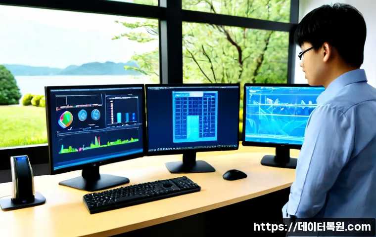 고양시 HARDWARE_INTERRUPT_STORM - Photorealistic IT support workstation in a modern Ilsan office, dual monitors showing abstract 3D CA...