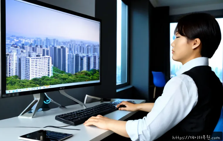고덕동 STATUS_KERNEL_PERMISSION_DENIED - Photorealistic IT support workstation in a modern apartment office, dual monitors showing abstract p...