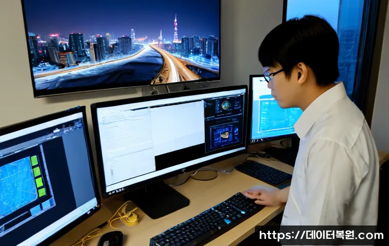 천호동 STATUS_KERNEL_DRIVER_CORRUPTION - Photorealistic IT support workstation in a compact Cheonho-dong office, dual monitors showing a non-...