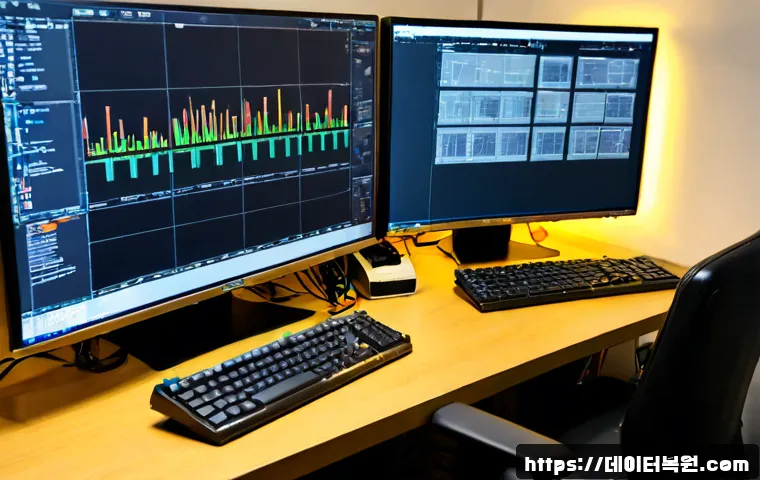 신당5동 HARDWARE_INTERRUPT_STORM - Photorealistic IT support workstation in a compact Sindang neighborhood office, dual monitors showin...