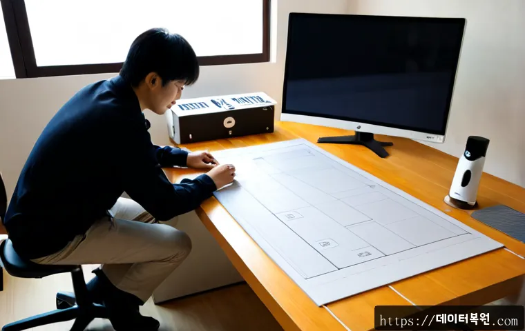 소격동 STATUS_SESSION_TIMEOUT - Photorealistic product design workstation in a quiet Sogyeok-dong studio, architect reviewing a blan...