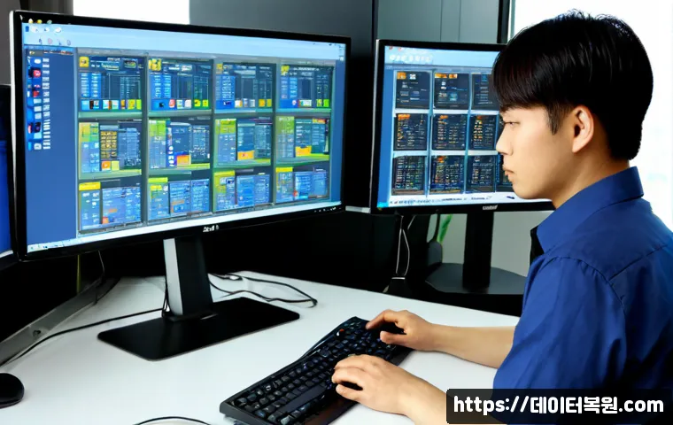 용산동 INVALID_KERNEL_HANDLE - Photorealistic IT support workstation in a compact Yongsan-dong office, dual monitors showing a clea...