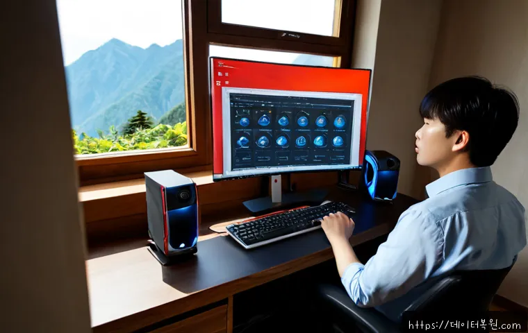 구기동 STATUS_KERNEL_THREAD_TIMEOUT - Photorealistic IT support workstation in a quiet hillside home office near Bugak Mountain, dual moni...