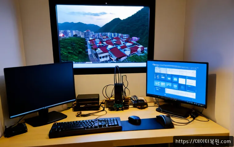안암동 STATUS_NETWORK_ACCESS_DENIED - Photorealistic remote-support workstation in a compact Anam-dong apartment office, dual monitors sho...