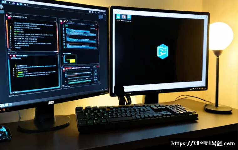 보문동 VIDEO_DRIVER_INIT_FAILURE - Photorealistic IT support workstation in a compact Bogmun-dong apartment office, dual monitors showi...