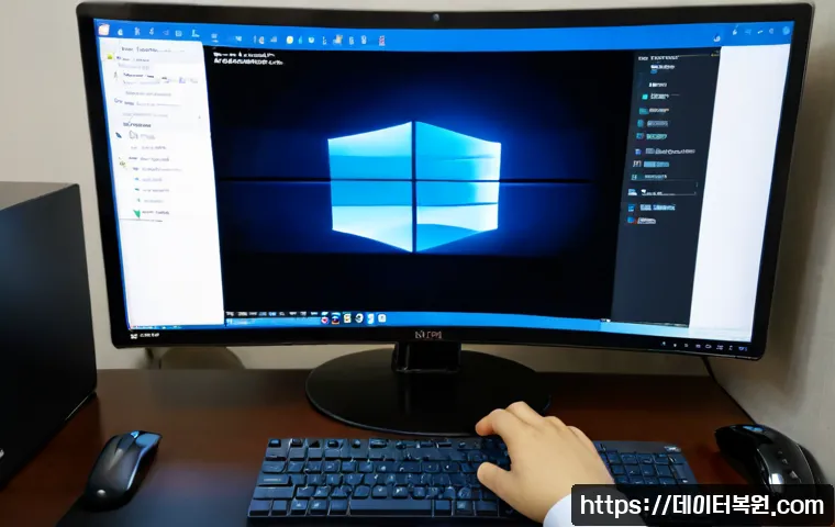 삼동 윈도우10 windows10 재설치 포맷  초기화 - Photorealistic home office workstation during a Windows 10 reset, desktop monitor showing an abstrac...