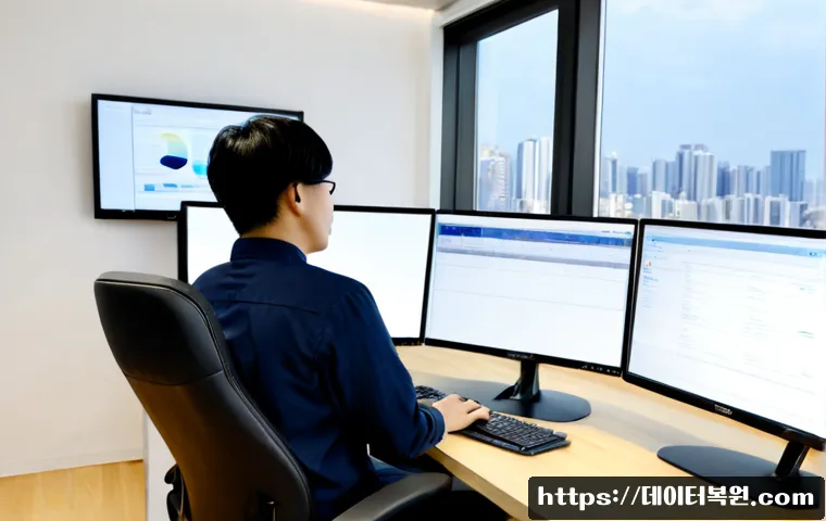 과해동 SESSION_HAS_VALID_VIEWS_ON_EXIT - Photorealistic remote-support workstation in a modern Korean design studio, dual monitors showing a ...