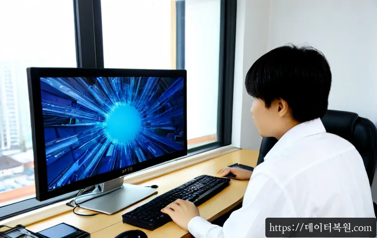 답십리동 WIN32K_LOCK_HELD_TOO_LONG - Photorealistic PC repair workstation in a compact Seoul neighborhood office, dual monitors showing a...